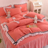 Qfdian Checkered Bedding Set Bed Skirt Ruffle Lace Princess Style Girls Duvet Cover Simple Solid Color Home Textiles Decor Bedroom