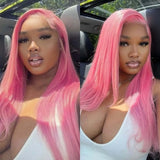 Qfdian Hot Pink Long Straight Layered Wigs for Women Synthetic Lace Front Wig Natural Wavy Hair Long pink Wigs for Daily Party Cosplay