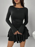 Qfdian  Autumn Bodycon Dress Women Solid Color Slim Fit Mini Dress Elegant Flare Sleeve High Waist Cascading Ruffles Sexy Party Dresses