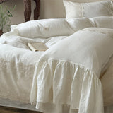 Qfdian  Vintage Lace French Princess Bedding Set 100% Cotton Double Yarn Soft Duvet Cover Flat Bed Sheet Large Ruffles Pillowcase