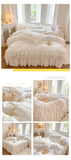 Qfdian 4/6Pcs White Pink 100% Cotton Princess Wedding Bedding Set Three Layers White Chiffon Lace Duvet Cover Set Bed Skirt Pillowcases