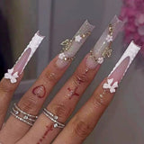 Qfdian  24Pcs Long Coffin False Nails Pink French Flowers Design Fake Nail with Butterfly Rhinestone Wearable Ballet Press on Nails