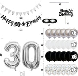 Qfdian  Black Silver White 50 Birthday Party Decorations for Women Men Happy 30 40th 60th Birthday Banner Balloons Cake Topper Supplies