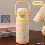 Qfdian  700ML Cute Bow Thermo Water Bottle For Girls Portable Handle 316 Double Drinking Outdoor Sports Straw Vacuum Thermal Bottle Gift
