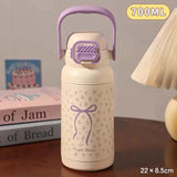 Qfdian  700ML Cute Bow Thermo Water Bottle For Girls Portable Handle 316 Double Drinking Outdoor Sports Straw Vacuum Thermal Bottle Gift