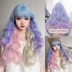 Qfdian 28Inch Blue Pink Purple Blonde Mix Color Synthetic Magic Wigs With Bang Long Natural Wavy Hair Wig For Women Cos Heat Resistant