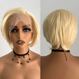 Qfdian 613 Blonde Pixie Cut Wig Straight Short Bob Synthetic Lace Front Wig Glueless Colored Hair Frontal Lace Wigs for Women Daily