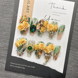 Qfdian 10Pcs High Quality Handmade Press on Nails Palace Retro Style Yellow Carved Emerald Pure Handmade Medium Long Style