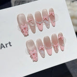 Qfdian  10pcs Handmade Pink Bow Pearl Fake Nails Sweet Shiny French Press on Nails for Lady Girl Wearable Korean Girl Fake Nail Tips