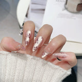 Qfdian 10Pcs Handmade Almond Press On Nails Flash Gradient Wear Pink Flower Design French False Nails Wearable Manicure Nail Tips