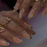 Qfdian 24Pcs Short Round Head Nails Set Press on Golden Edge French Design Fake Nails Tips Wearable Almond Full Cover False Nail Patch