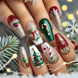 Qfdian  24pcs Mid-length Almond Fake Nail Art Wine Red French Nails Tips Bow Polka Dot Design False Nail Set Sweet Cherry Press on Nails