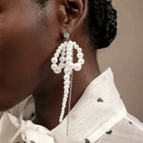 Qfdian  Luxury high-end bow long imitation pearl swinging earrings, elegant party wedding earrings, fashionable accessories, gifts
