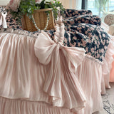 Qfdian  Vintage Floral Print Ruffles Bow Princess Bedding Set Egyptian Cotton Duvet Cover Bed Sheet Pillowcases