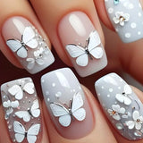 Qfdian 24Pcs Gradient Short Ballet Nails Set with Glue White Simple False Nails Coffin Fake Nail Press on Nails Full Cover Nail Tips
