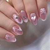 Qfdian  24pcs Glossy Red Cat's Eye Press On Nails Full Cover Nude Color Wearable Almond False Nails Charms Detachable Fake Nail For Girl