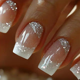 Qfdian  24Pcs Short Square Coffin False Nails Square Fake Nails with Glue French Glitter Wearable Acrylic Nails Set Press on Nail Tips