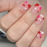 Qfdian  24Pcs Simple Square Head Press on Fake Nails with Glue Short French Nails Set Colorful Heart-shaped Pattern Design False Nail