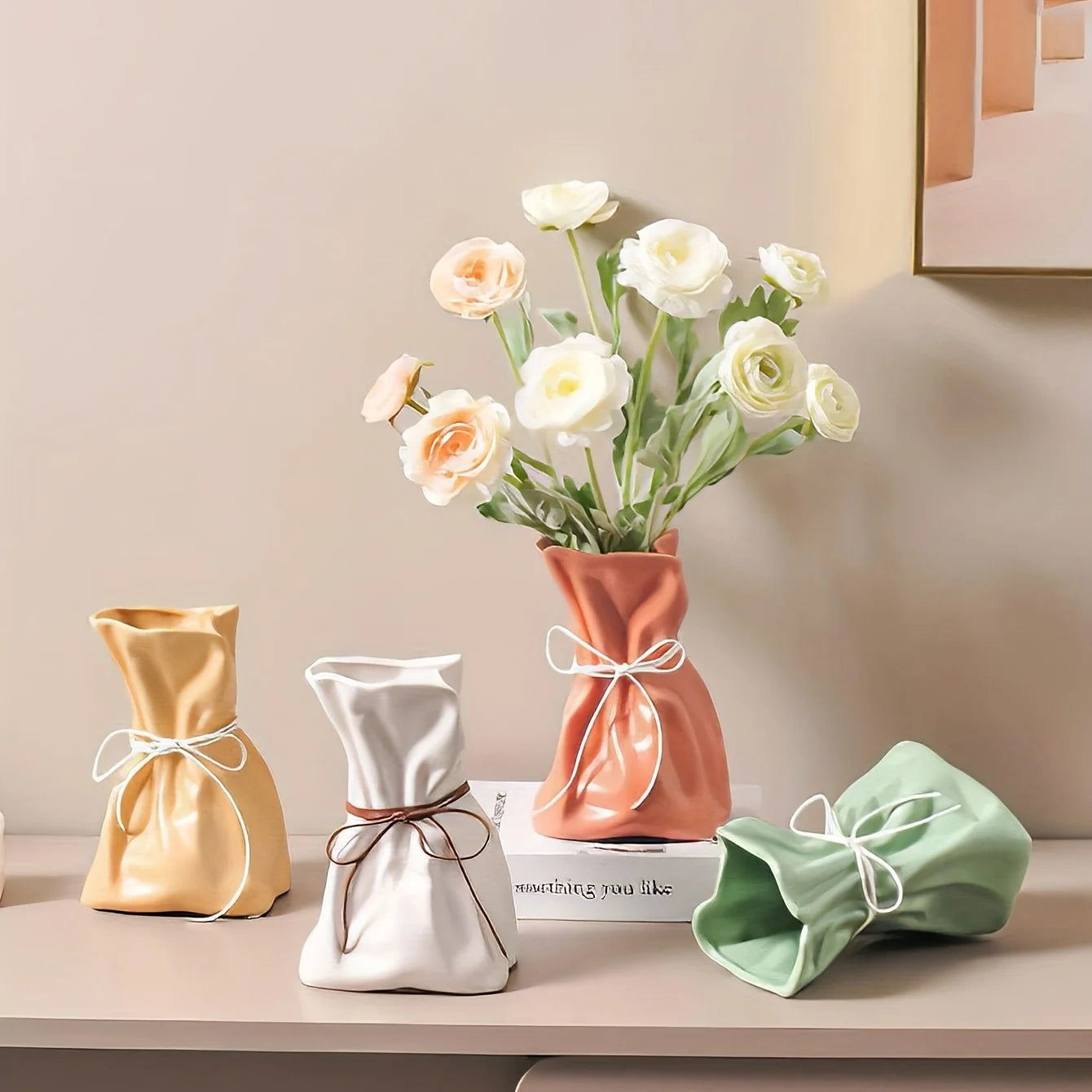 Paper Bag Vase, White Ceramic Flower Vase Unique Grab Crinkle Design, Boho Decorative Vases for Modern Home Decor Wedding