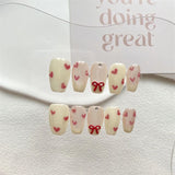 Qfdian Handmade Press on Nails Full Cover Bowknot Heart Acrylic French False Nails Cute with Aurora Reusable Manicure Nail Kit Manicure