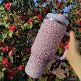 Qfdian  Diamond Thermos Cup With Handle 304 Stainless Steel Vacuum Flasks Portable Car Coffee Cup Insulated Thermal Water Bottles