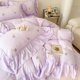 Qfdian  French Hepburn style 4-piece bed set, Korean princess lace washed cotton embroidery duvet set