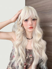 Qfdian 28Inch Blonde Platinum Golden Lolita Synthetic Wigs With Bang Long Wavy Hair Wig for Women Cosplay Daily Use Heat Resistant