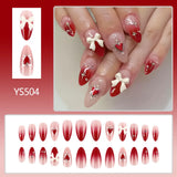 Qfdian  24pcs Valentine's Day Press On Nails  Gradient Red Almond French Style Fake Nails Love Heart 3D Bowknots Designs False Nail