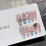 Qfdian  10Pcs Pink Coffin Handmade Press On Nails Moon Stars False Nails Sweet Bow Diamond Design Full Cover Ballet Fake Nails Press On