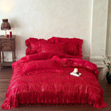 Qfdian  Red Tassel Design Lace Ruffles Princess Wedding Bedding Set Egyptian Cotton Duvet Cover Flat Bed Sheet Pillowcases 4Pcs