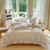 Qfdian  INS Floral Style Bedding Sets Ruffle Lace Bow Quilt Cover Romantic Bedclothes Decor Woman Girls Bedroom Duvet Cover 4pcs