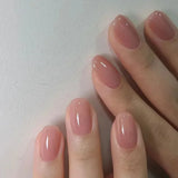 Qfdian 24Pcs Short Almond False Nails with Gold French Design Round Head Fake Nails Wearable Pink Press on Nails Full Cover Nail Tips