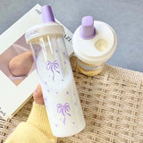 Qfdian  Original Design Purple Bow Water Cup With Straw Cute Coffee Bubble Milk Tea Plastic Cup Large Capacity Students Water Bottle New