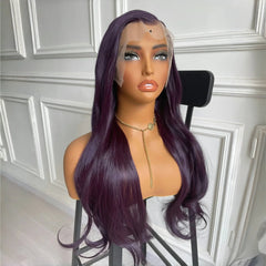 Qfdian 13X4 Dark Purple Wig Synthetic Hair Natural Wavy Lace Front Wig Body Wave Long Hair Colored Lace Frontal Wigs for Women Party