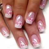 Qfdian  24Pcs Short Square Coffin False Nails Square Fake Nails with Glue French Glitter Wearable Acrylic Nails Set Press on Nail Tips