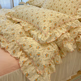 Qfdian 2/3Pc Korean Princess Style Floral Ruffles Bedding Set Single Queen Size Soft Skin-friendly Washed Cotton Duvet Cover Pillowcase