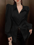 Qfdian  Korean Versatile Hollowed Out Lapel Women Shirt Top Elegant Slim Fitting Office Women's Back Bow Fluffy Sleeve Casual Shirt