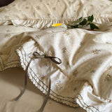 Qfdian 100% Cotton Pastoral Floral Print Ruffles Bow Princess Bedding Set Queen King Duvet Cover Set Bed Sheet/Fitted Sheet Pillowcases