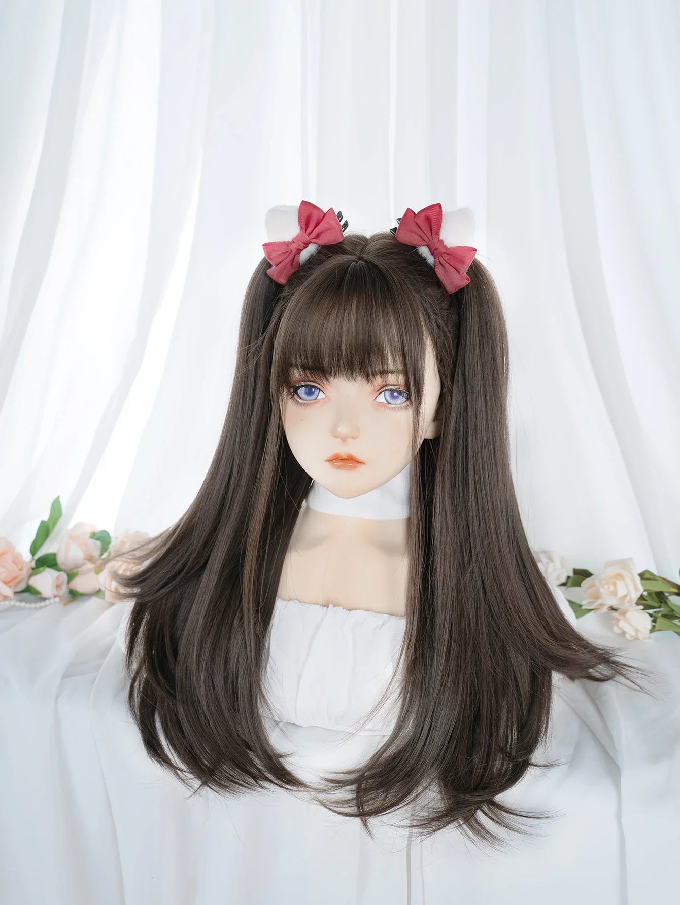 Qfdian 24Inch Cold Brown Synthetic Wigs With Bang Long Natural Straight Hair Wig for Women Daily Use Cosplay Heat Resistant Lolita