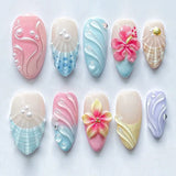 Qfdian  24pcs Pink Spring Summer Nail Art French Edge Fake Nails Sweet Pearl Star Shell False Nails 3D Flower Press on Nails Almond Nail