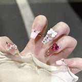 Qfdian  10Pcs Pink Coffin Handmade Press On Nails Moon Stars False Nails Sweet Bow Diamond Design Full Cover Ballet Fake Nails Press On