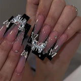 Qfdian 24Pcs Extra Long Square Fake Nail with Glue 3D Little Bear Bow Design False Nails White French Press on Nails Wearable Manicure