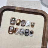 Qfdian  10pcs Amber Cat Eye Press on Nails Gold Glitter Fake Nails Vintage Autumn Winter Short Square False Nails Brown Gradient Nail