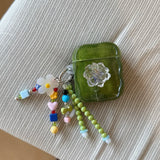 Qfdian  3D Flower Crystal Oil Painting Green Case For Airpods 4 anc keychain for airpods pro 1 2 3 Cover For Air Pods 3 Earphone Case