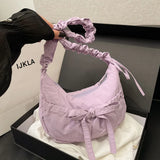 Qfdian Women Ins Casual Sweet Kawaii Bow Handbags Pleated Y2k Aesthetic Vintage Underarm Bag Fashion All Match Shoulder Crossbody Bags