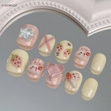 Qfdian  Handmade Fake Nails Pink Strawberry Cute Rabbit Diamond Designed Short Round Press on Nails for Women Girls Daily DIY Manicure