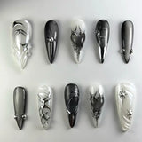 Qfdian 24Pcs 3D Green Ripple Design False Nails Cat's Eye French Almond Fake Nail Tips Leaves Pattern Removable Oval Press on Nails