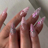 Qfdian  24pcs Press on Fake Nails Set Almond Wearable Simple French Flower False Nail Art Gold Beads Design Diamond Manicure Tips