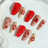 Qfdian  Pink Strawberry Press on Nails Handmade Flower Fake Nails Gradient Color Medium Length Square False Nails for Women Girls