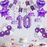 Qfdian  Purple White Foil Birthday Number Decorations Happy Birthday Banner Purple Happy Birthday Swirls Foil Heart Star Latex Balloons